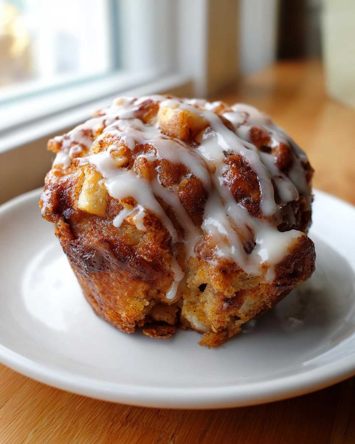 A close-up of one delicious baked apple fritters drizzled heavily with white icing, sitting on a white plate.