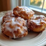 A close-up of four golden brown baked apple fritters generously drizzled with white glaze, sitting on a cream-colored plate.