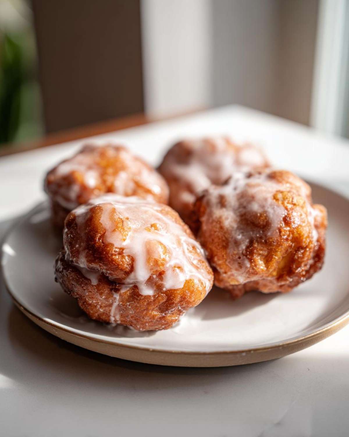Four golden brown baked apple fritters drizzled with white glaze, sitting on a light ceramic plate.