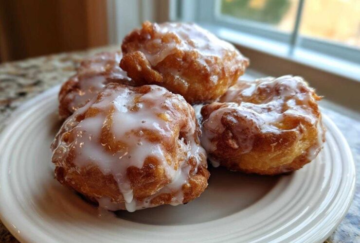 A close-up of four golden brown baked apple fritters generously drizzled with white glaze, sitting on a cream-colored plate.
