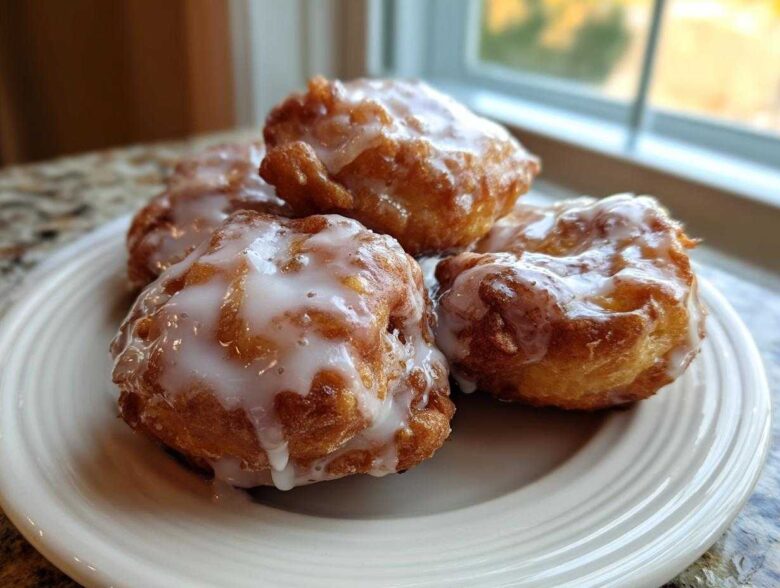 A close-up of four golden brown baked apple fritters generously drizzled with white glaze, sitting on a cream-colored plate.