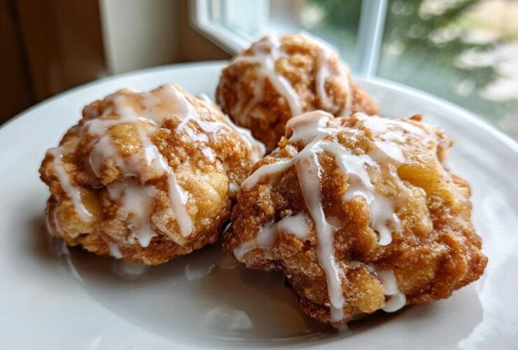 Three golden brown baked apple fritters recipe items drizzled with white glaze sitting on a white plate.