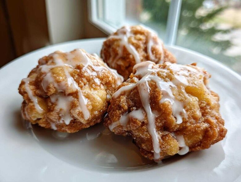 Three golden brown baked apple fritters recipe items drizzled with white glaze sitting on a white plate.