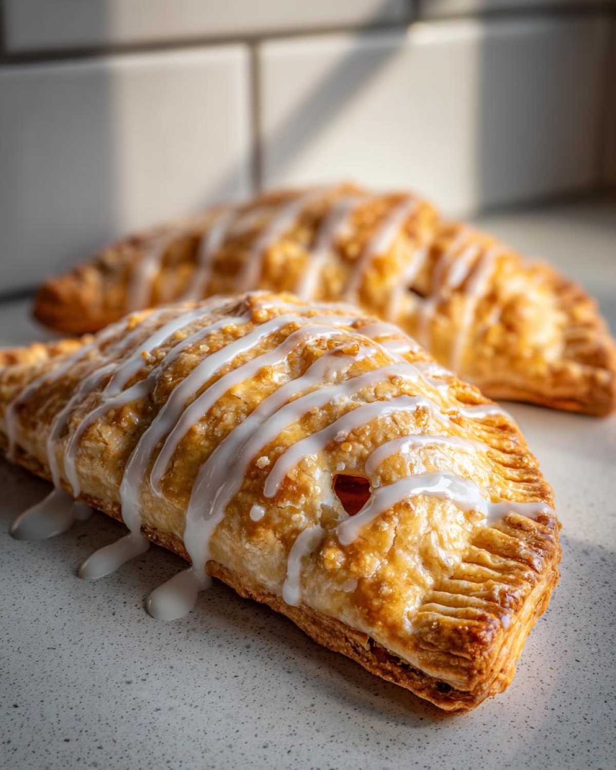 Close-up of a golden-brown classic apple turnovers with biscuits, drizzled generously with white icing.