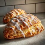 Close-up of a flaky, golden classic apple turnovers with biscuits topped with a thick white glaze.