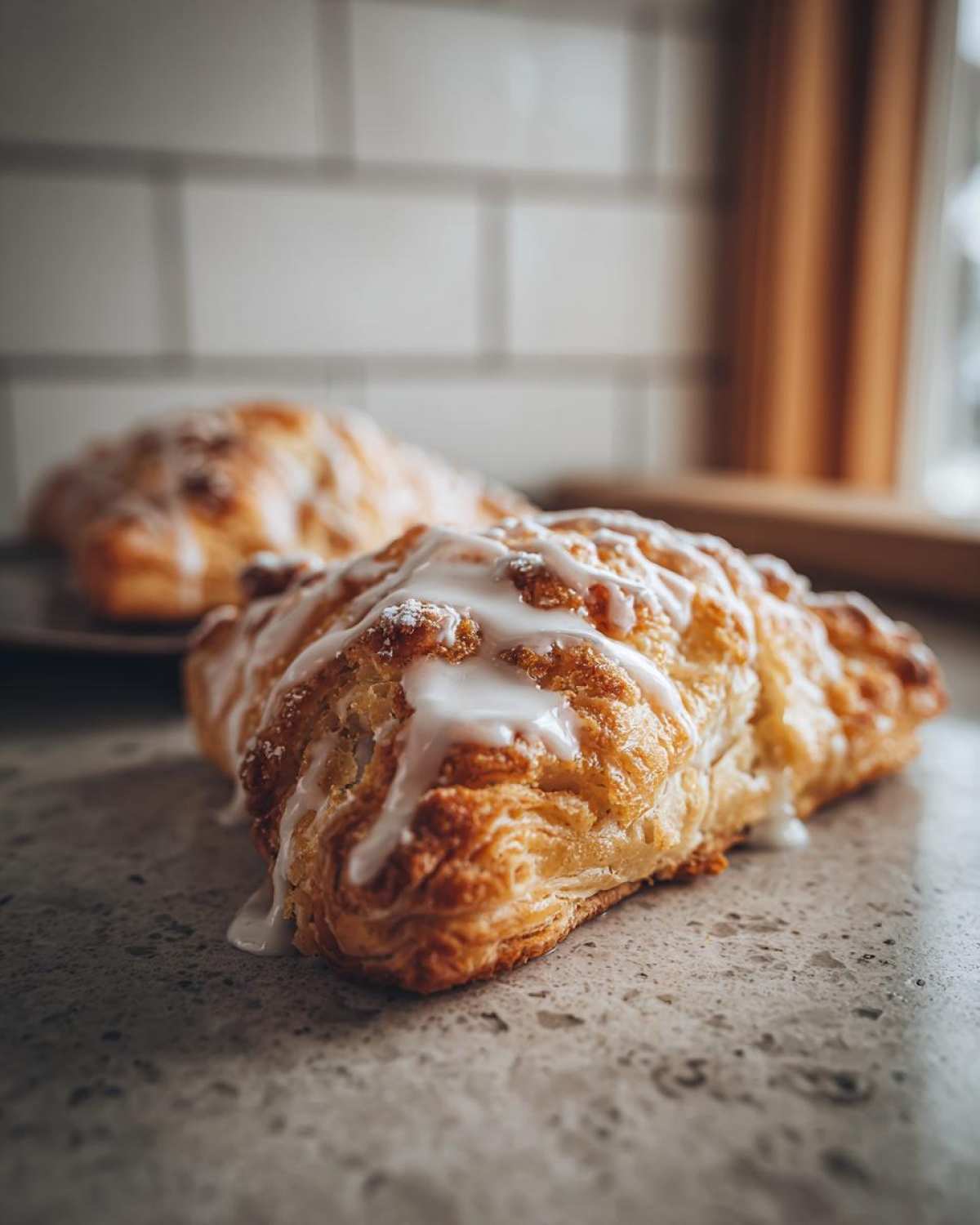 Close-up of a flaky, golden classic apple turnovers with biscuits topped with thick white icing.