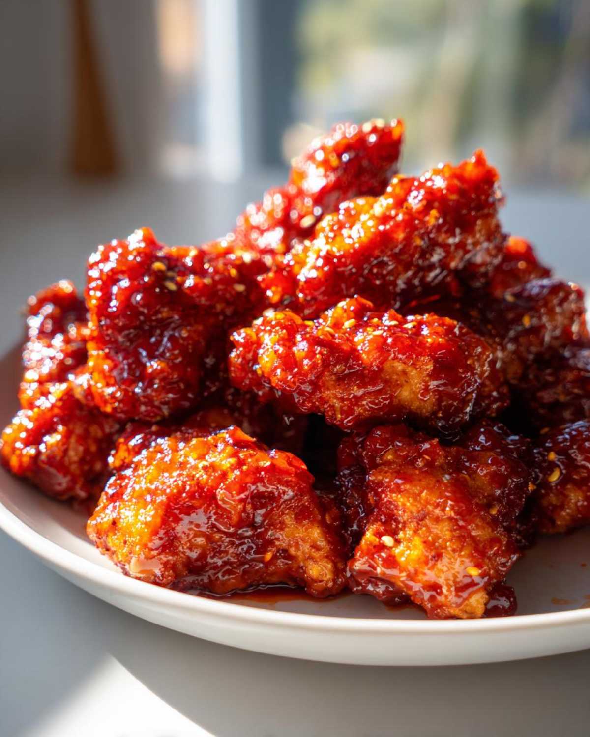 Close-up of crispy, saucy gochujang chicken pieces piled high on a light-colored plate, glistening under natural light.