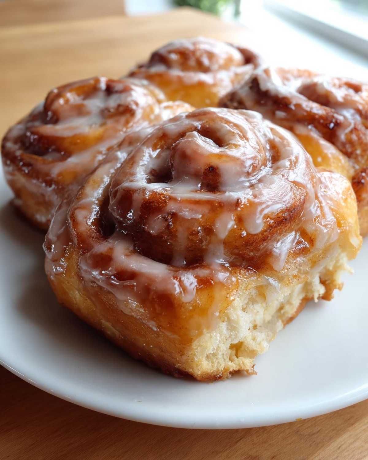 Close-up of several freshly baked, glazed homemade honey bun recipe rolls on a white plate.