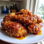 A close-up of crispy, glazed hot honey chicken tenders stacked high on a white plate, drizzled with sauce and sesame seeds.