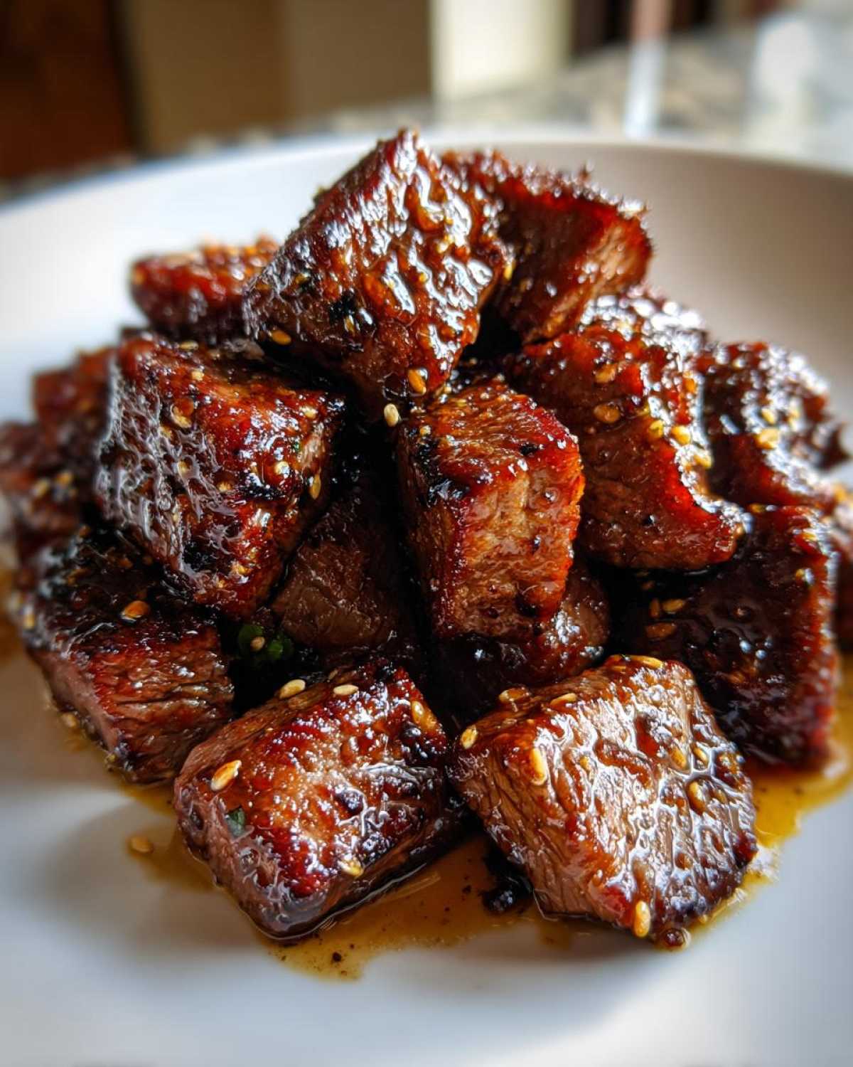 Close-up of juicy, cubed hibachi steak pieces coated in a dark, glossy sauce and sprinkled with sesame seeds.