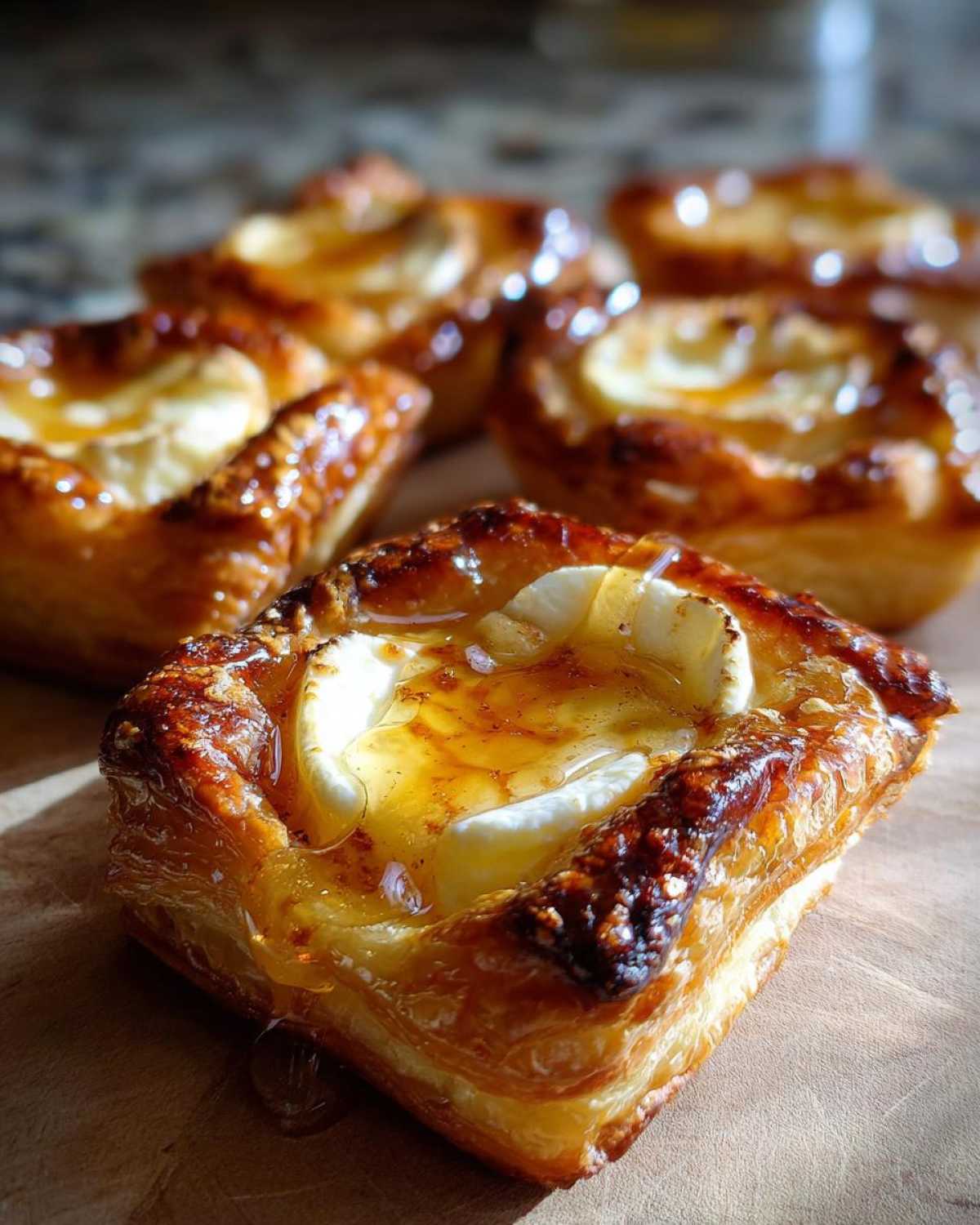 Close-up of a flaky puff pastry square topped with melted goat cheese and drizzled generously with golden honey, one of many goat cheese and honey bites.