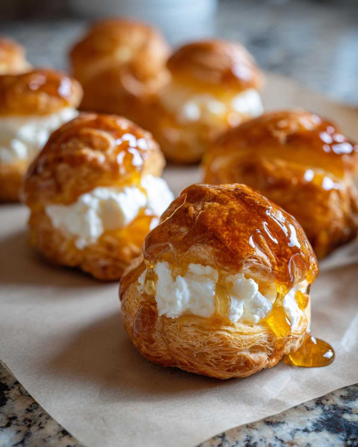 Close-up of flaky pastry puffs filled with white goat cheese and drizzled generously with golden honey, showcasing several goat cheese and honey bites.