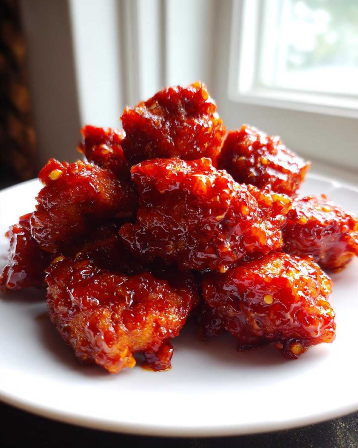 Close-up of crispy chicken pieces heavily coated in a thick, glossy, deep red gochujang sauce.