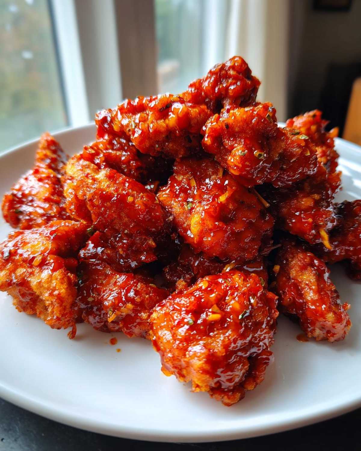 Close-up of crispy, glazed gochujang chicken pieces piled high on a white plate.