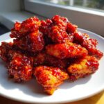 A close-up of crispy chicken pieces heavily coated in a glossy, bright red gochujang sauce, sprinkled with sesame seeds.