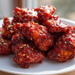 Close-up of crispy, saucy gochujang chicken pieces piled on a white plate and sprinkled with sesame seeds.