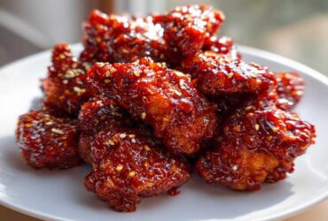 Close-up of crispy, saucy gochujang chicken pieces piled on a white plate and sprinkled with sesame seeds.