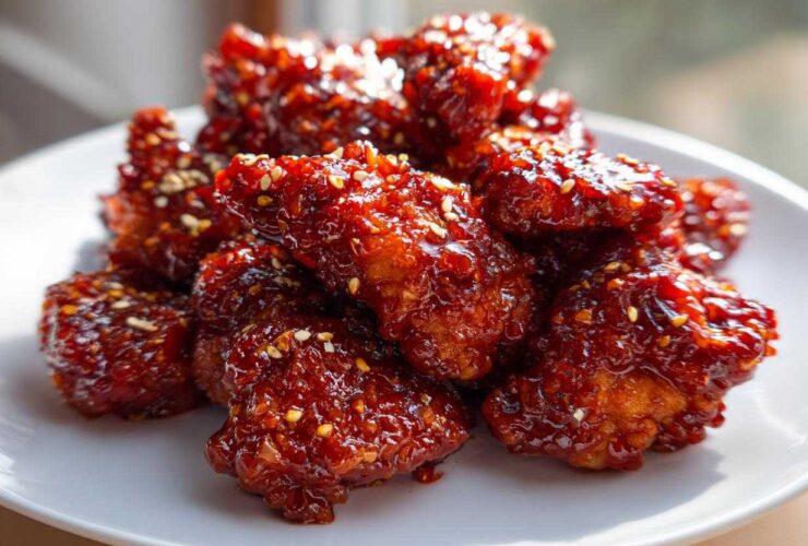 Close-up of crispy, saucy gochujang chicken pieces piled on a white plate and sprinkled with sesame seeds.