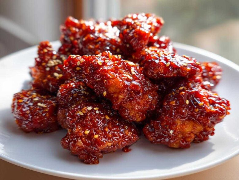 Close-up of crispy, saucy gochujang chicken pieces piled on a white plate and sprinkled with sesame seeds.