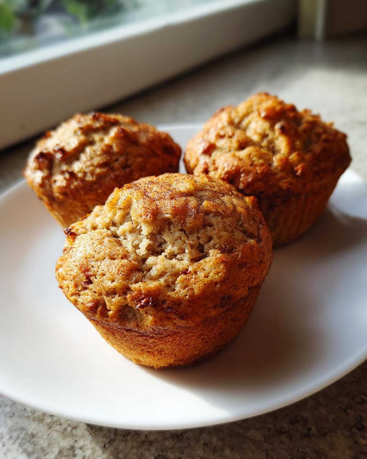 Three freshly baked apple muffins with golden brown tops dusted with cinnamon, resting on a white plate near a window.