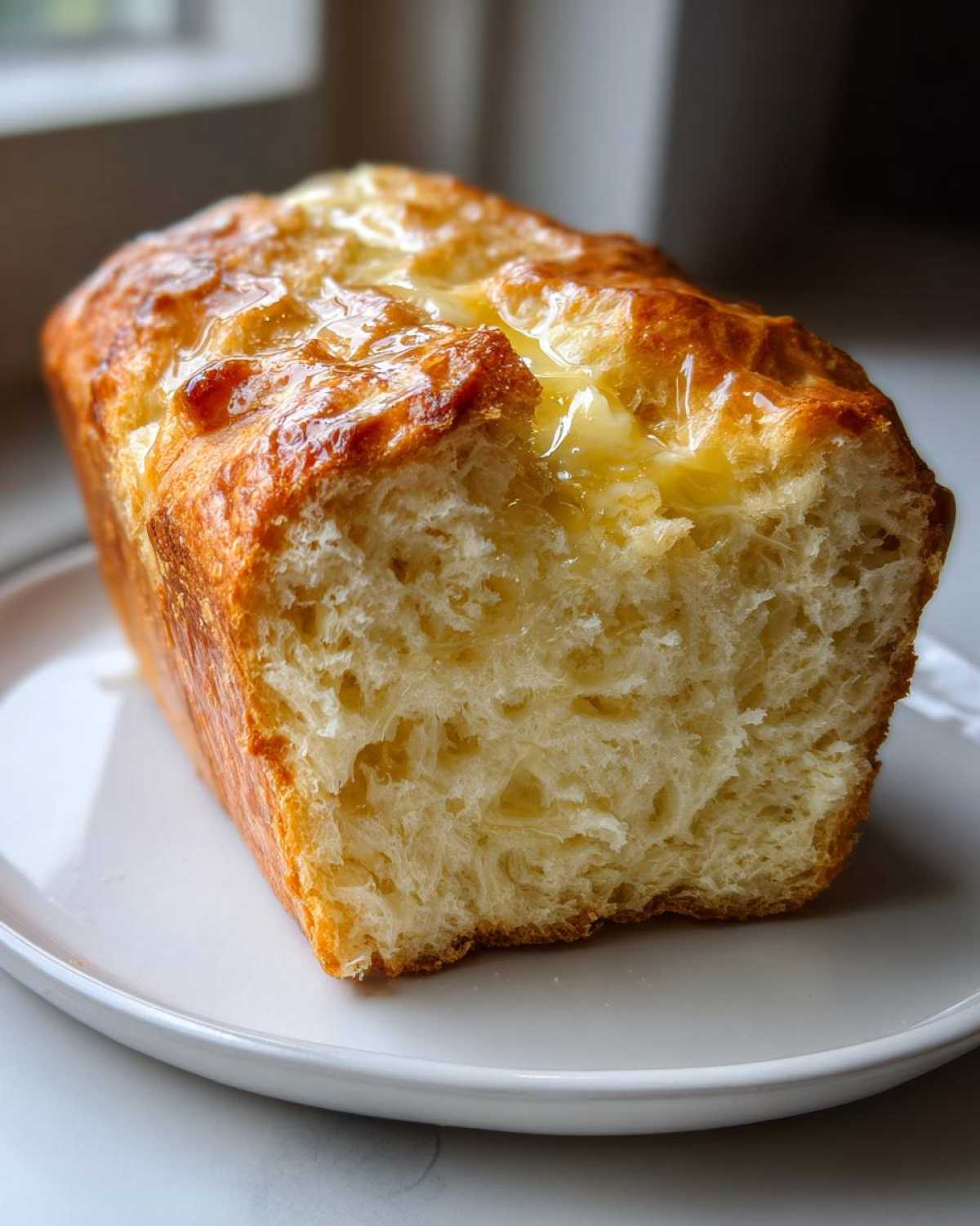 Close-up of a golden brown beer bread loaf, sliced open to show a soft interior drizzled with melted butter.