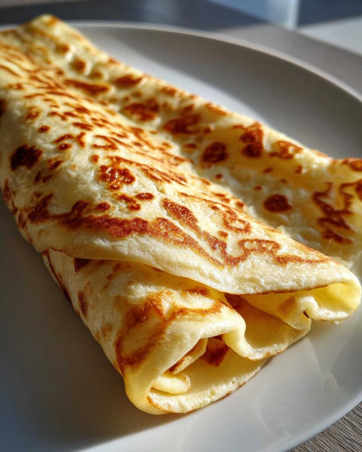 Close-up of a golden brown, rolled cottage cheese wrap with browned spots, resting on a white plate.