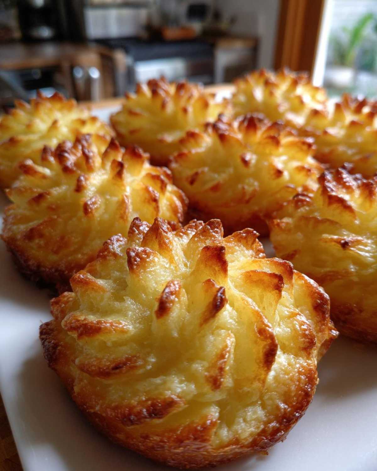 Close-up of several beautifully piped and golden brown duchess potatoes on a white plate.