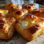 Close-up of golden brown, flaky puff pastry squares filled with white goat cheese and drizzled with honey, showcasing several goat cheese and honey bites.