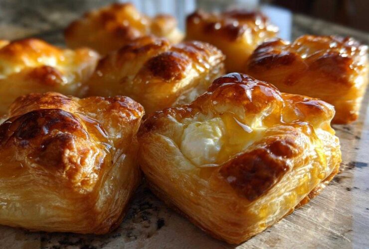 Close-up of golden brown, flaky puff pastry squares filled with white goat cheese and drizzled with honey, showcasing several goat cheese and honey bites.