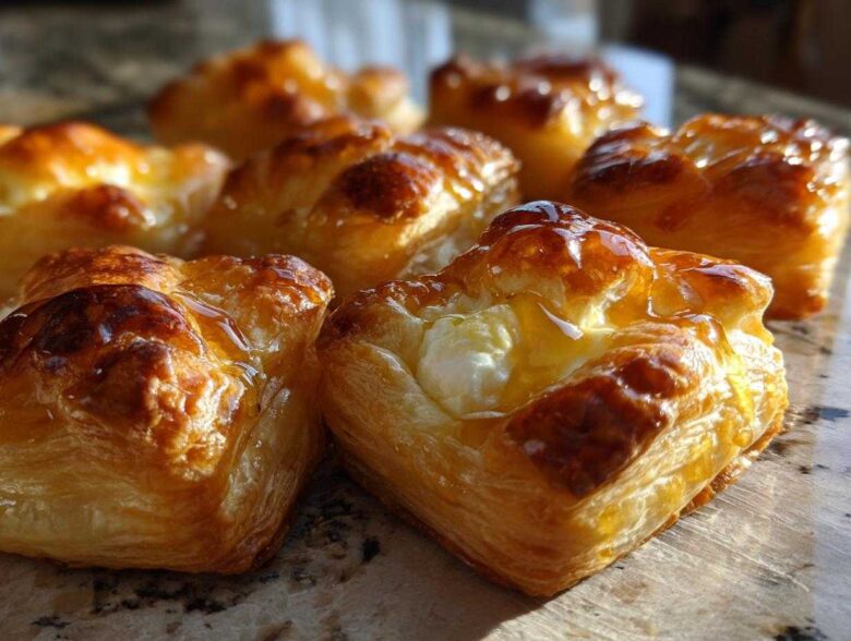 Close-up of golden brown, flaky puff pastry squares filled with white goat cheese and drizzled with honey, showcasing several goat cheese and honey bites.