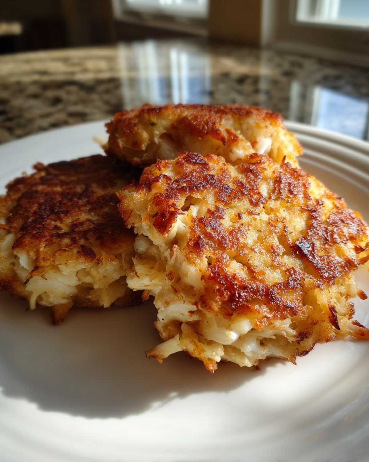 Close-up of three perfectly seared maryland crab cakes showing flaky white crab meat inside.