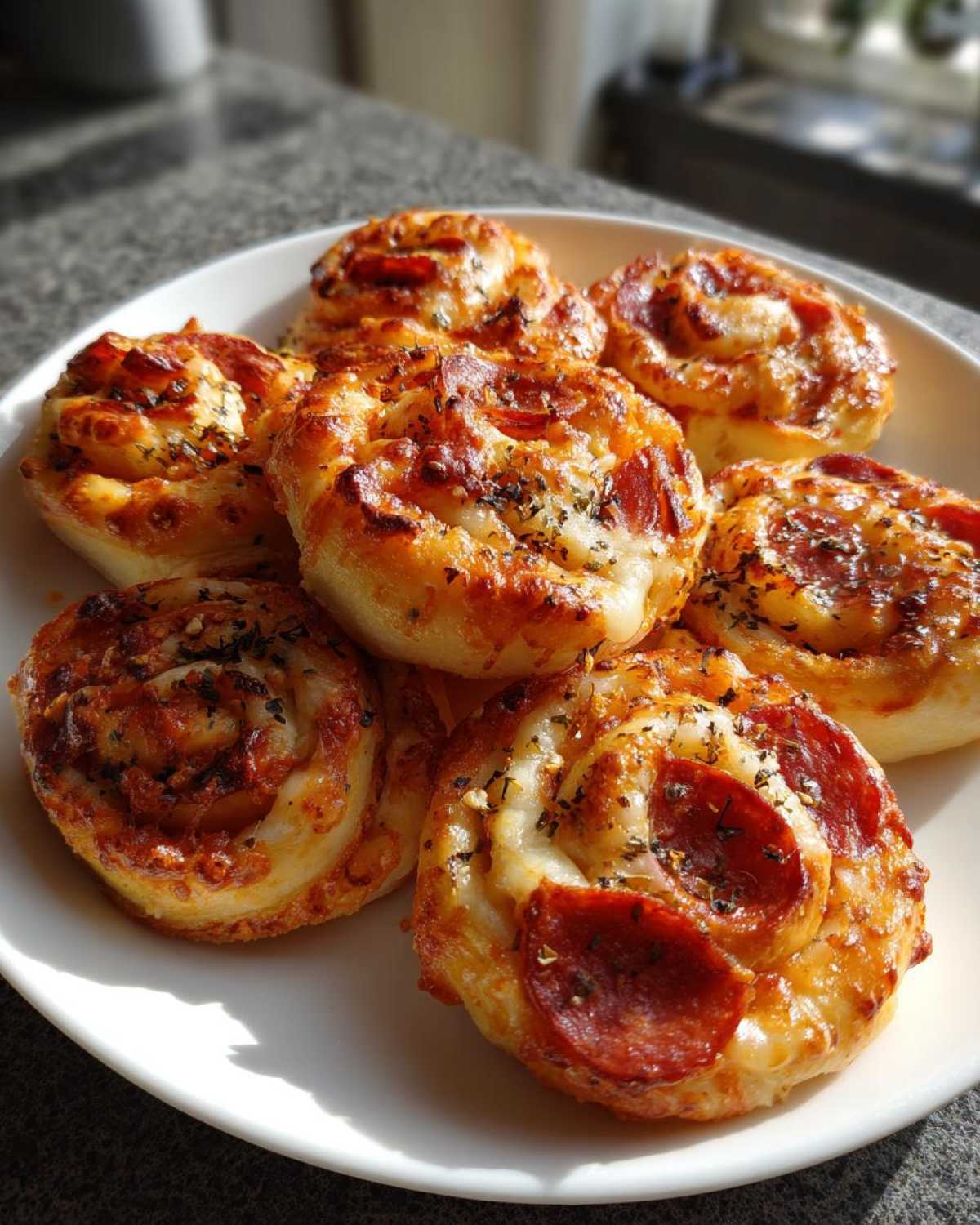 A close-up of several freshly baked pepperoni pizza pinwheels, golden brown and topped with melted cheese and herbs.