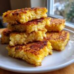 A stack of golden brown, pan-fried squares showing perfect crispy rice texture.