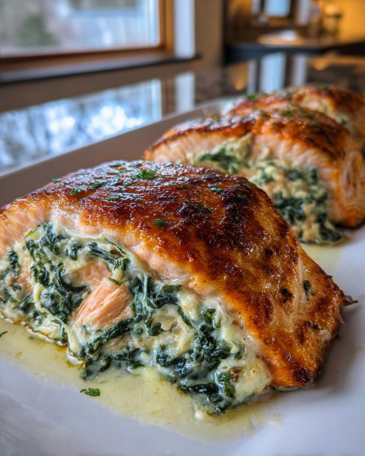 Close-up of a perfectly cooked stuffed salmon fillet showing the creamy spinach filling inside and a golden-brown crust.