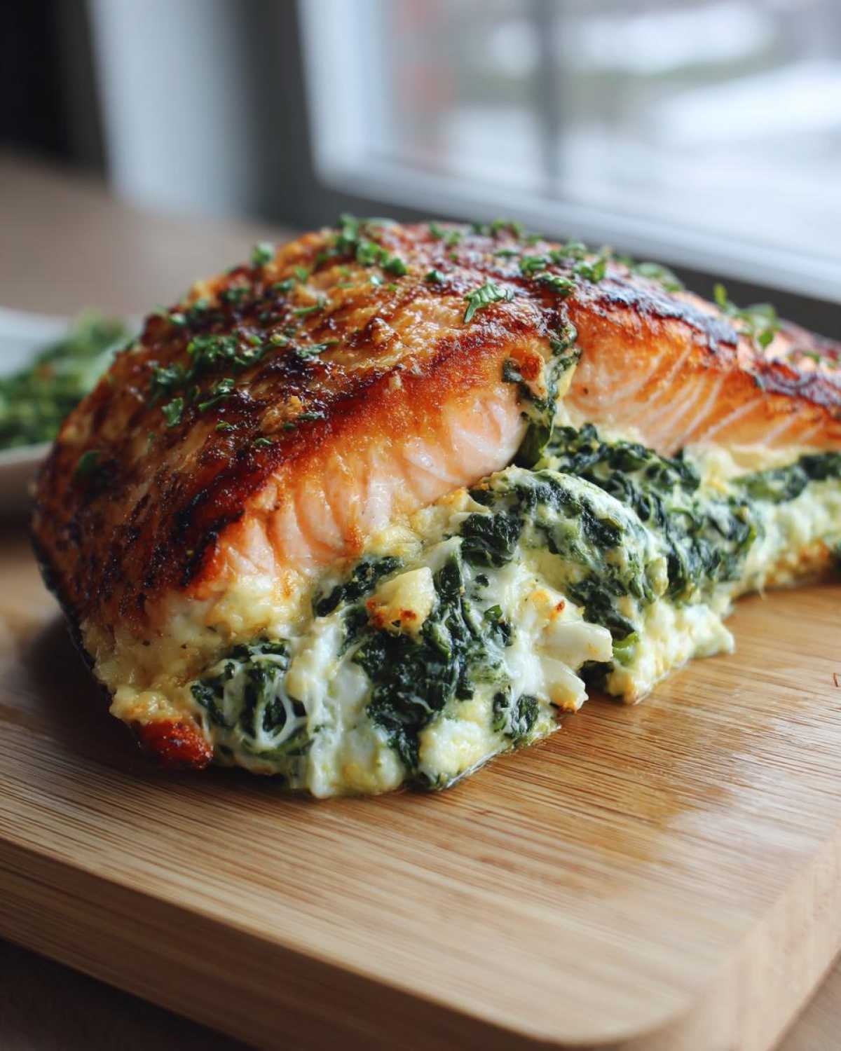 A perfectly cooked piece of stuffed salmon, oozing creamy spinach filling, resting on a wooden cutting board.