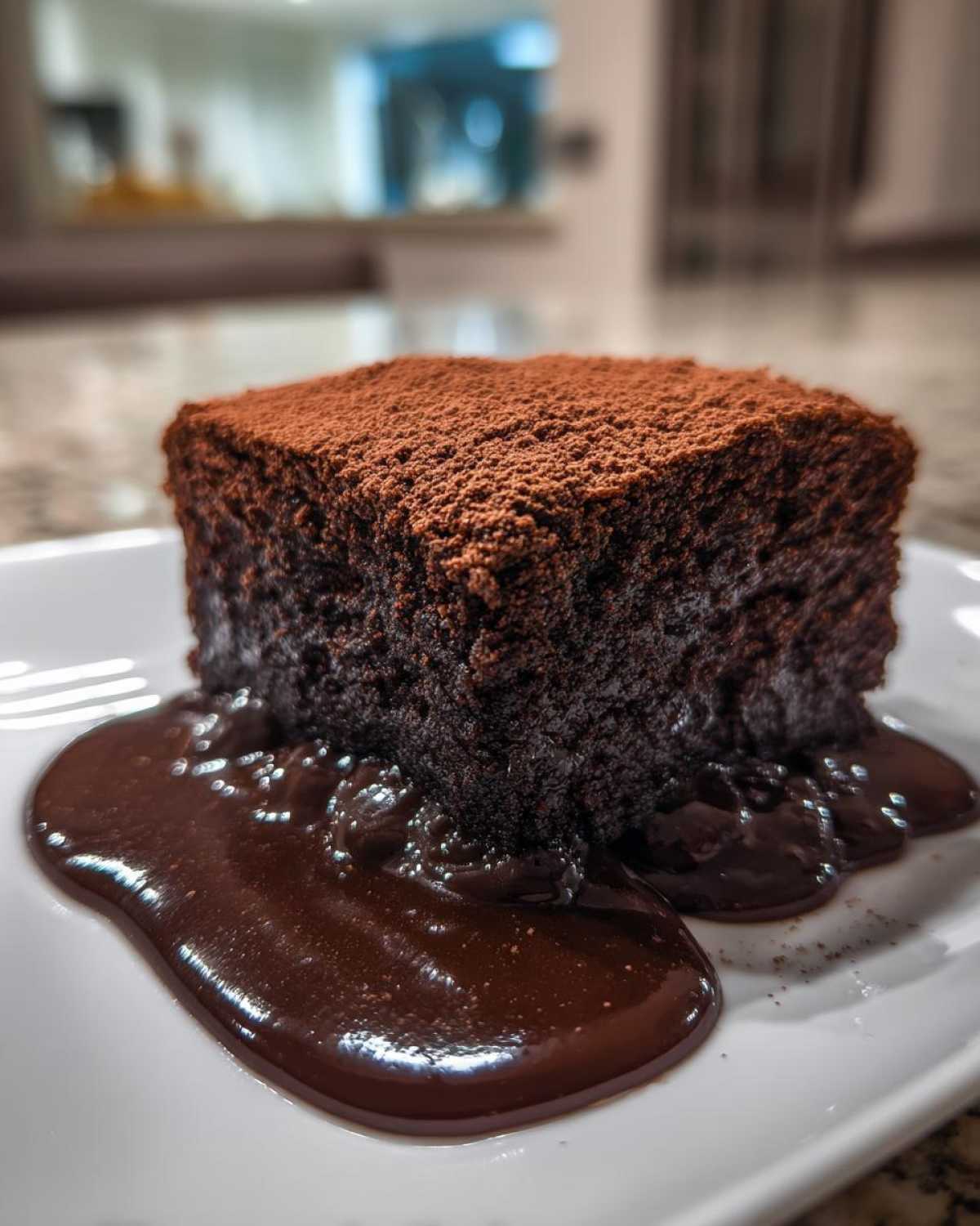 A rich, square slice of chocolate cobbler dusted with cocoa powder, sitting in a pool of gooey chocolate fudge sauce.