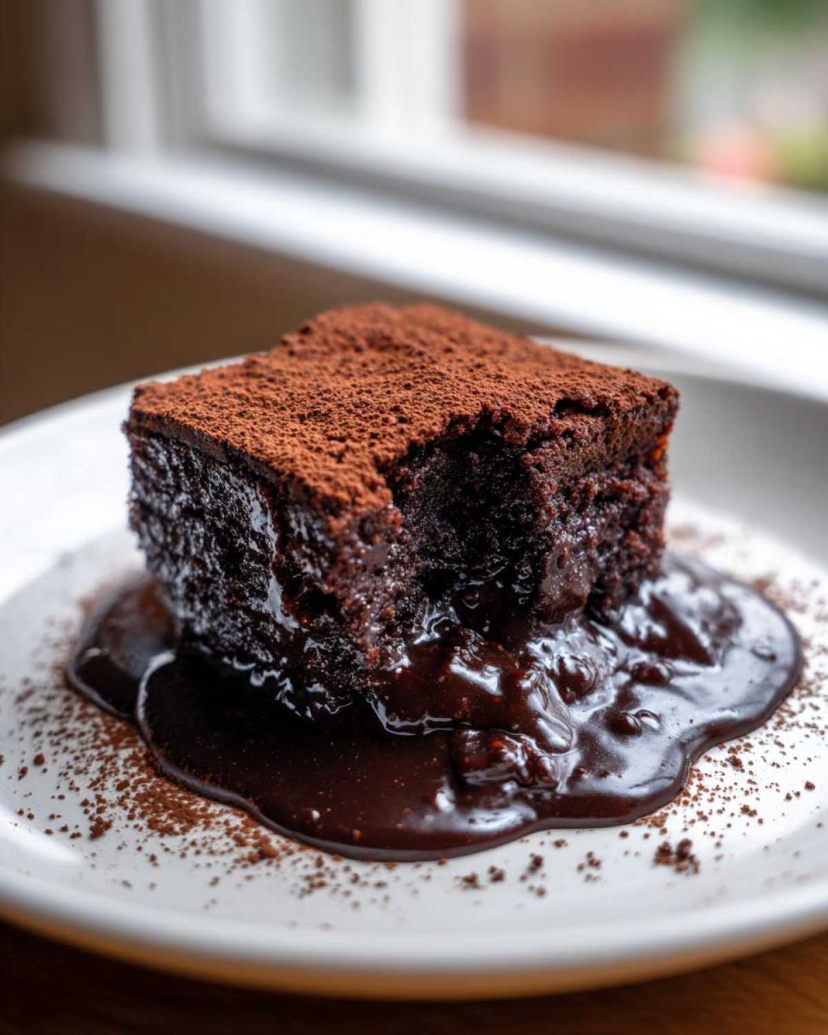 A square serving of rich chocolate cobbler topped with cocoa powder, oozing a thick fudge sauce onto a white plate.
