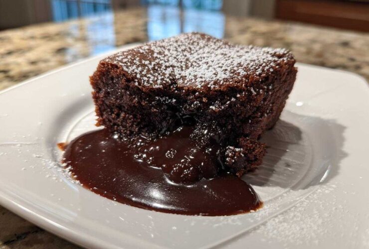 A square serving of rich chocolate cobbler oozing fudge sauce, dusted with powdered sugar.