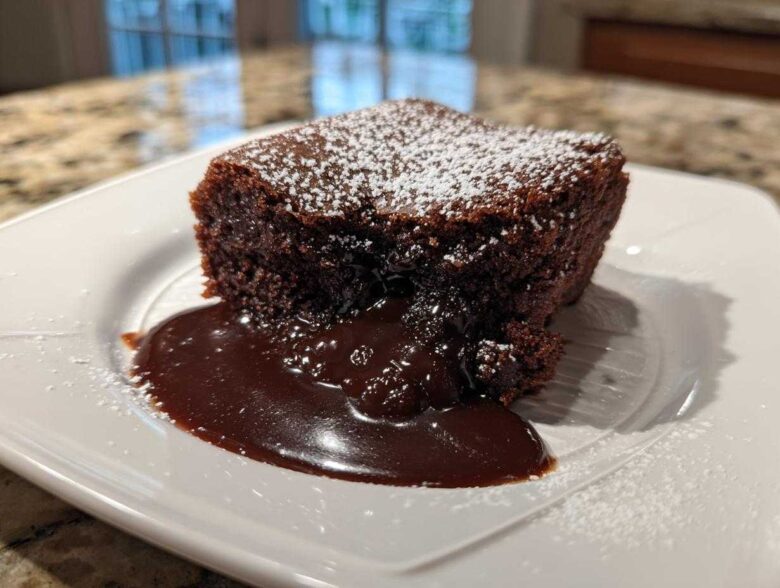 A square serving of rich chocolate cobbler oozing fudge sauce, dusted with powdered sugar.