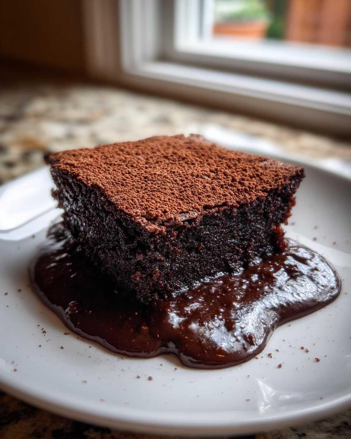A square slice of rich, dark chocolate cobbler topped with cocoa powder, sitting in a pool of warm fudge sauce.