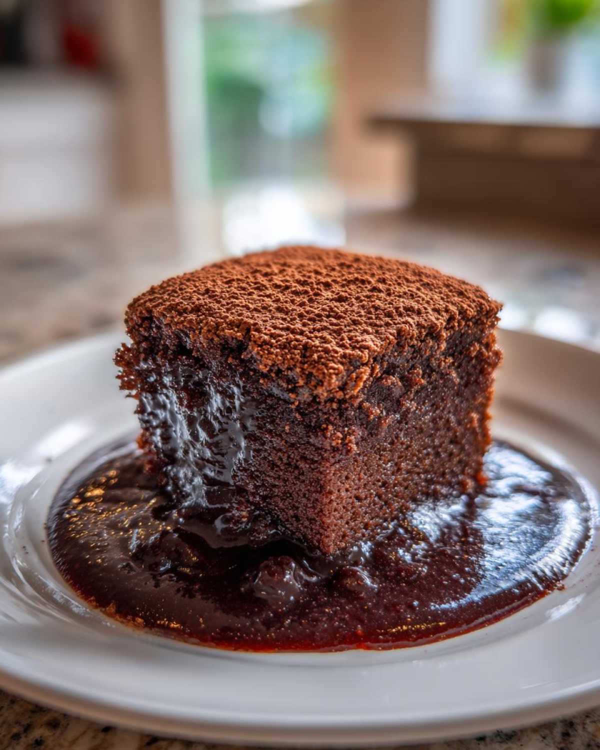 A rich, square slice of chocolate cobbler sitting in a pool of warm fudge sauce, dusted with cocoa powder.