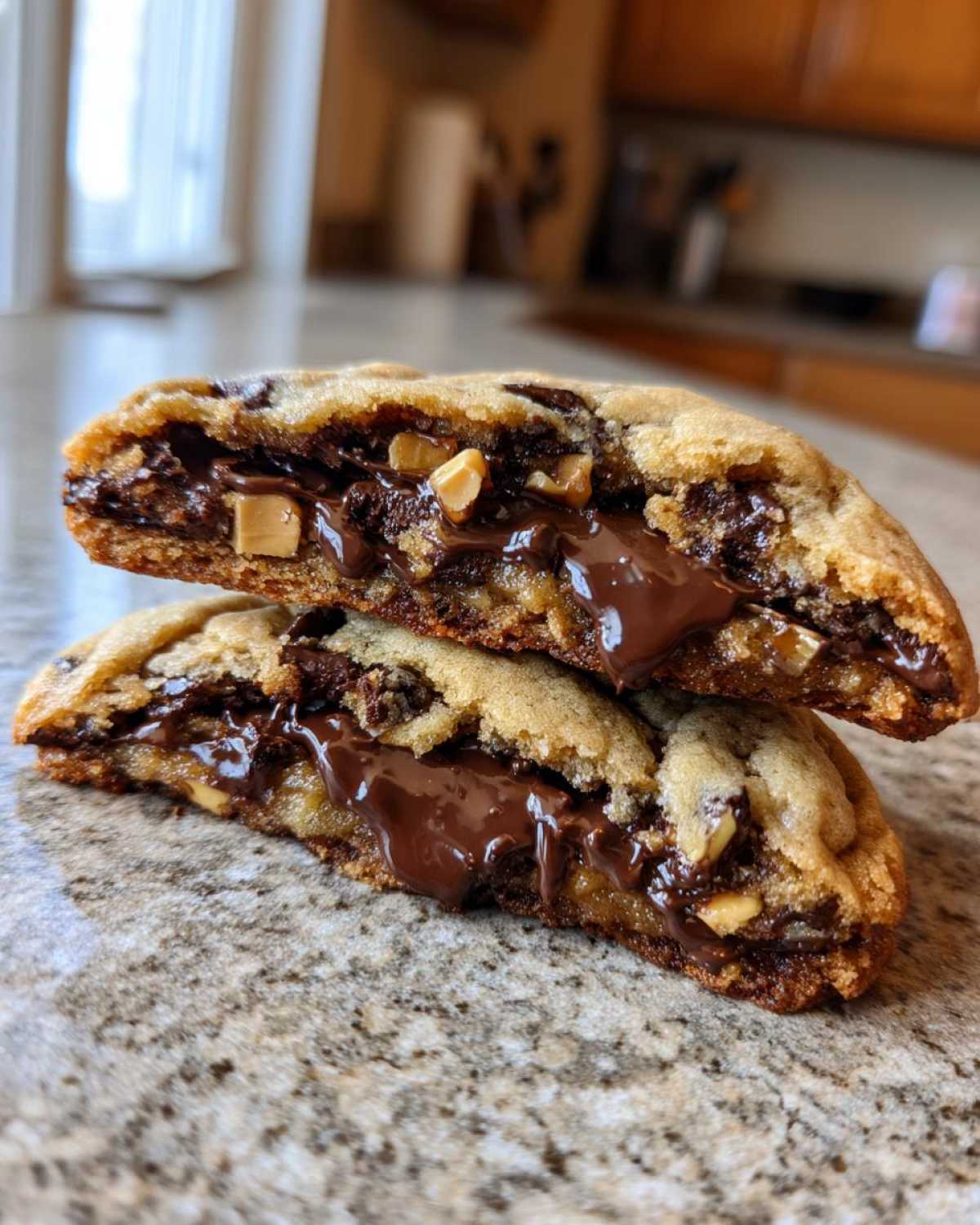 Close-up of a levain bakery chocolate chip cookies cut in half showing melted chocolate and nuts inside.
