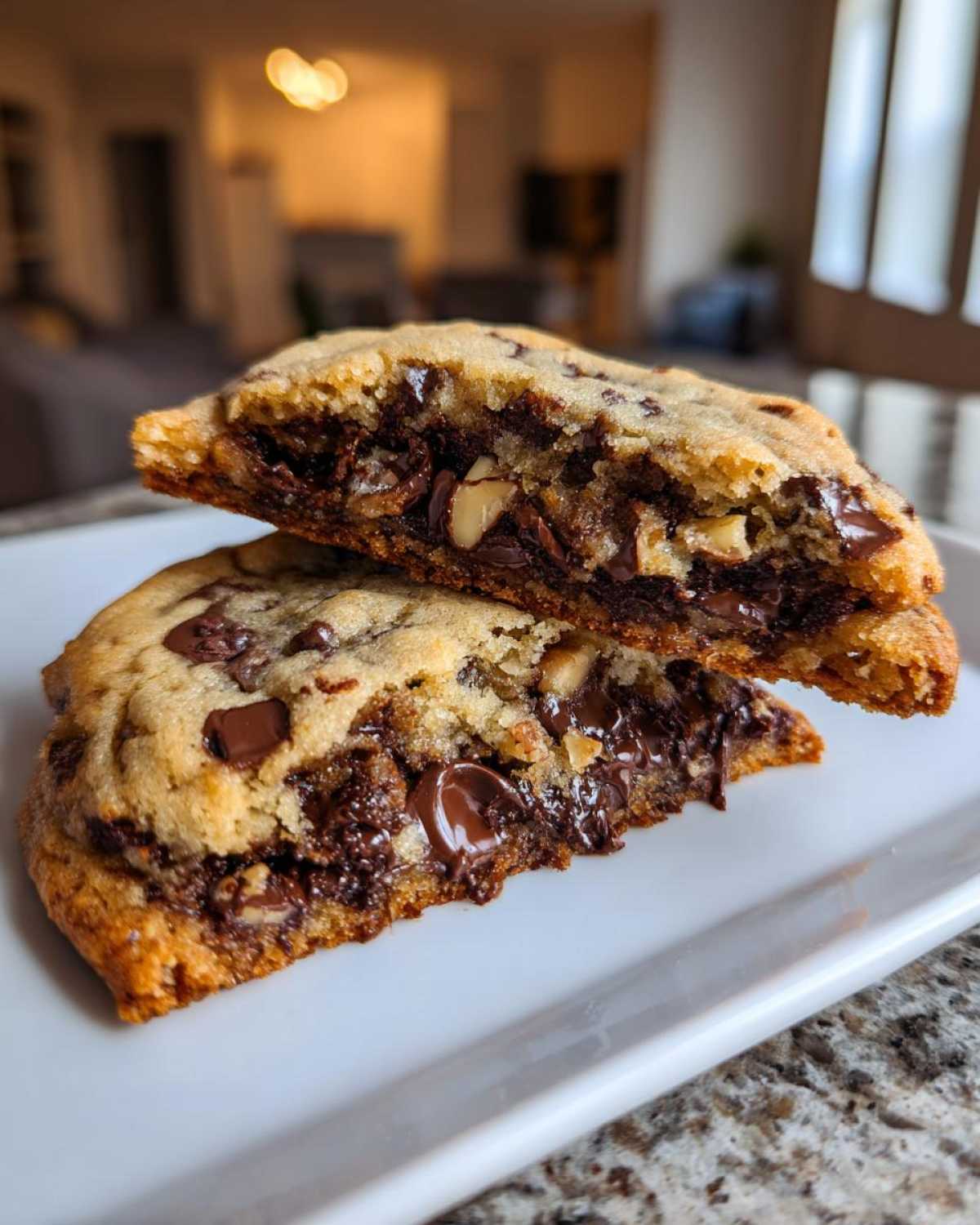Two halves of a thick levain bakery chocolate chip cookies showing a gooey, melted chocolate center and walnuts.