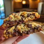 A close-up of a levain bakery chocolate chip cookie cut in half, showing a gooey, melted chocolate center and nuts.