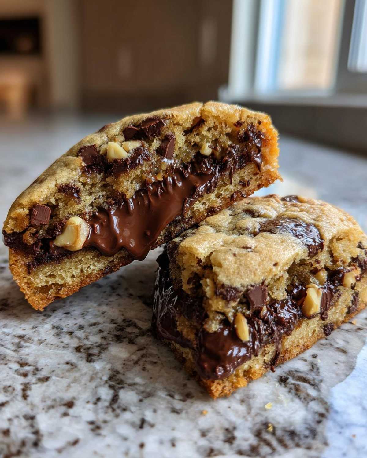 Close-up of a levain bakery chocolate chip cookies cut in half showing melted chocolate center and nuts.