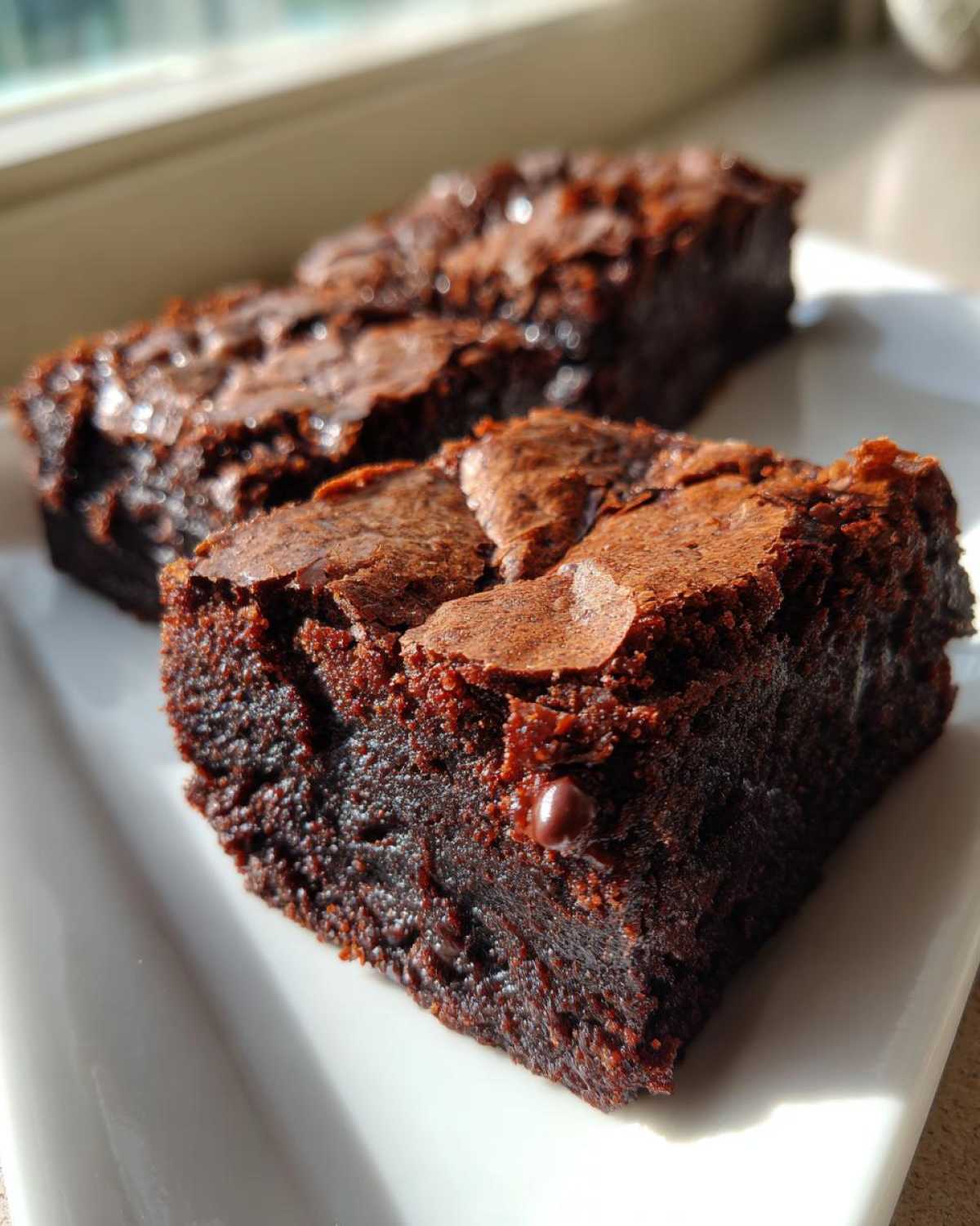 Close-up of two fudgy chocolate brownies with shiny, cracked tops, made using gordon ramsay’s chocolate brownies were the recipe.