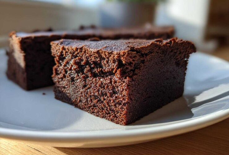 Close-up of a dense, fudgy slice of chocolate brownie, likely from gordon ramsay’s chocolate brownies were the recipe.