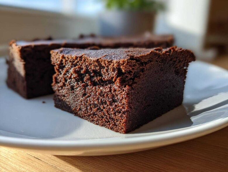 Close-up of a dense, fudgy slice of chocolate brownie, likely from gordon ramsay’s chocolate brownies were the recipe.