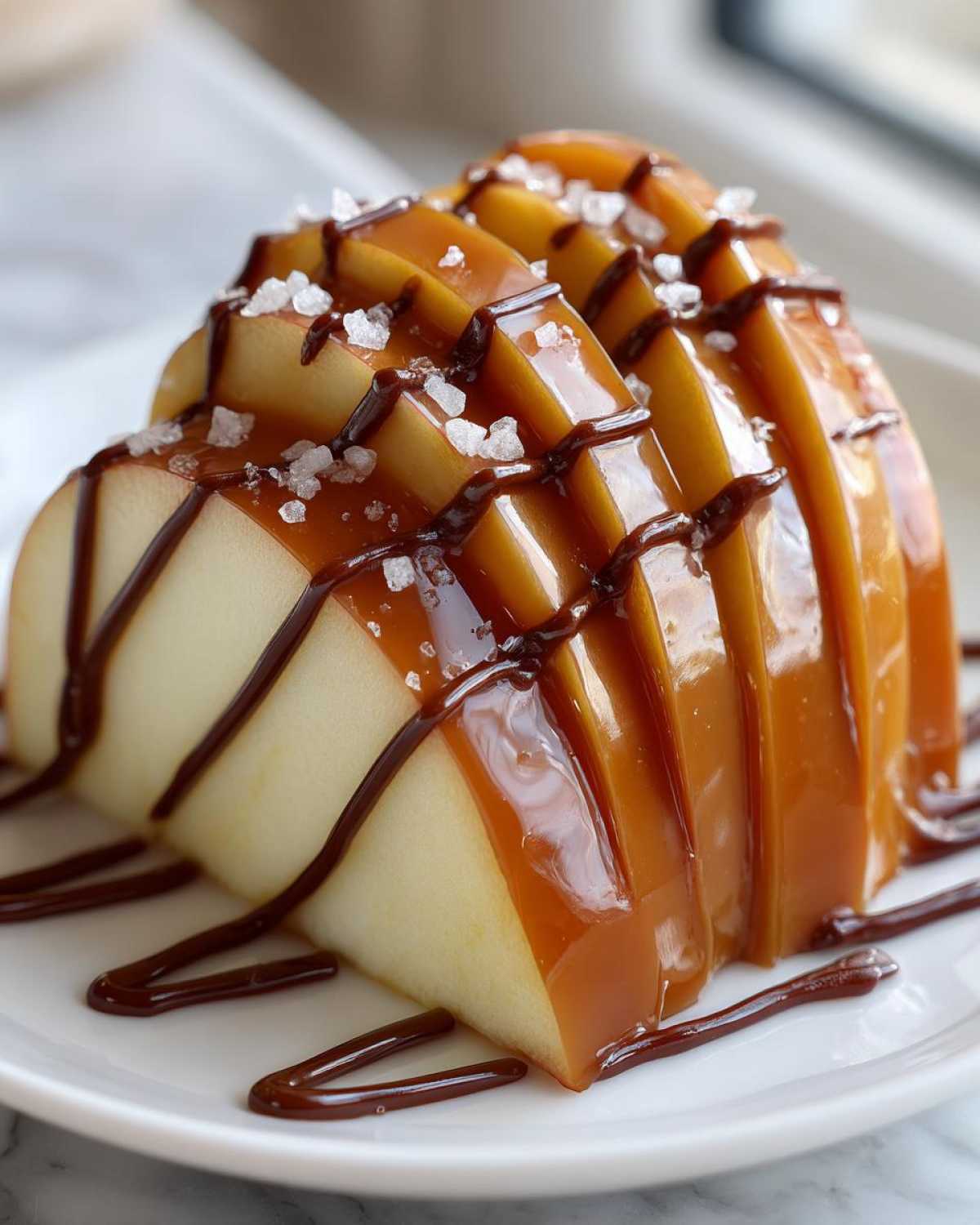 Close-up of gourmet Caramel Apple Slices fanned out, drizzled with caramel and dark chocolate, topped with sea salt.