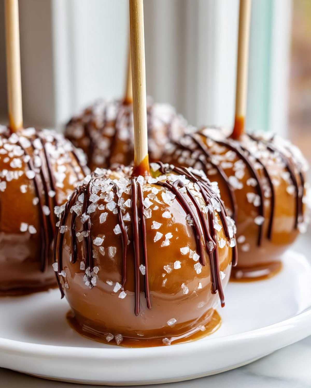 Close-up of gourmet Caramel Apple Slices covered in thick caramel, drizzled with chocolate, and sprinkled with flaky sea salt.